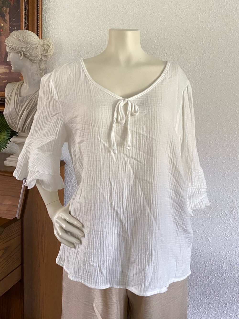 Women's White Tie-Front Gauze Blouse